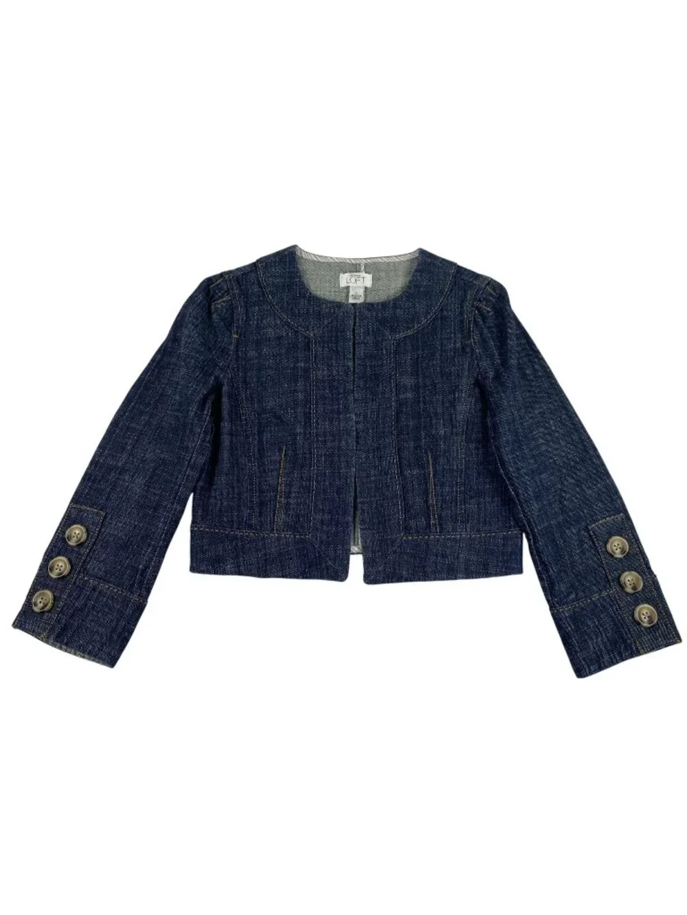 Ann Taylor Loft Denim Cropped Fitted Jacket Women’s Size 0 Button Cuff - Picture 1 of 10